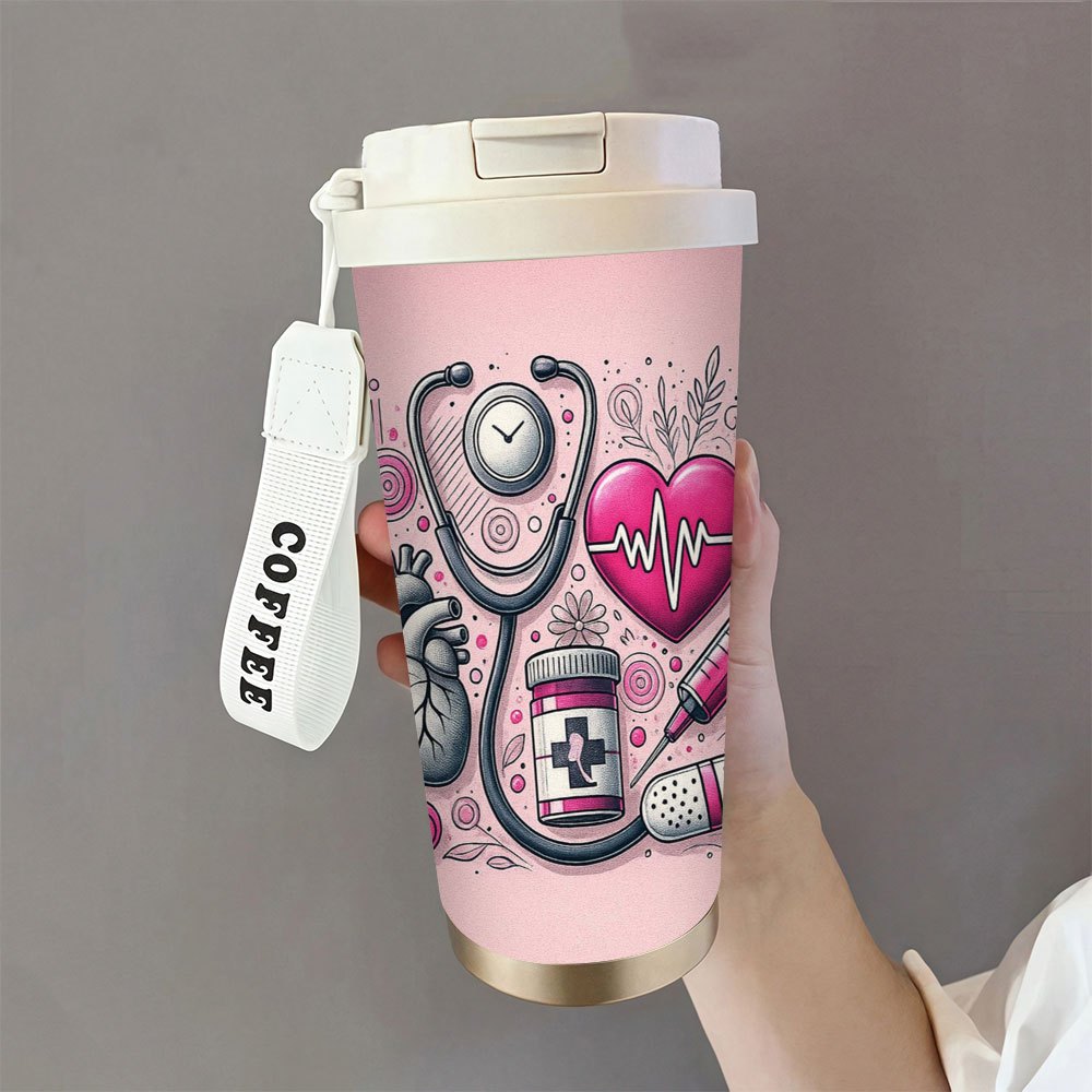 Image of 1pc Medical-themed Coffee Tumbler With Ecg Heart & Stethoscope Design - 18oz Leak-proof Steel Cup, Nurse Doctor Gift For Valentine's Day, Graduation, Day, Ramadan