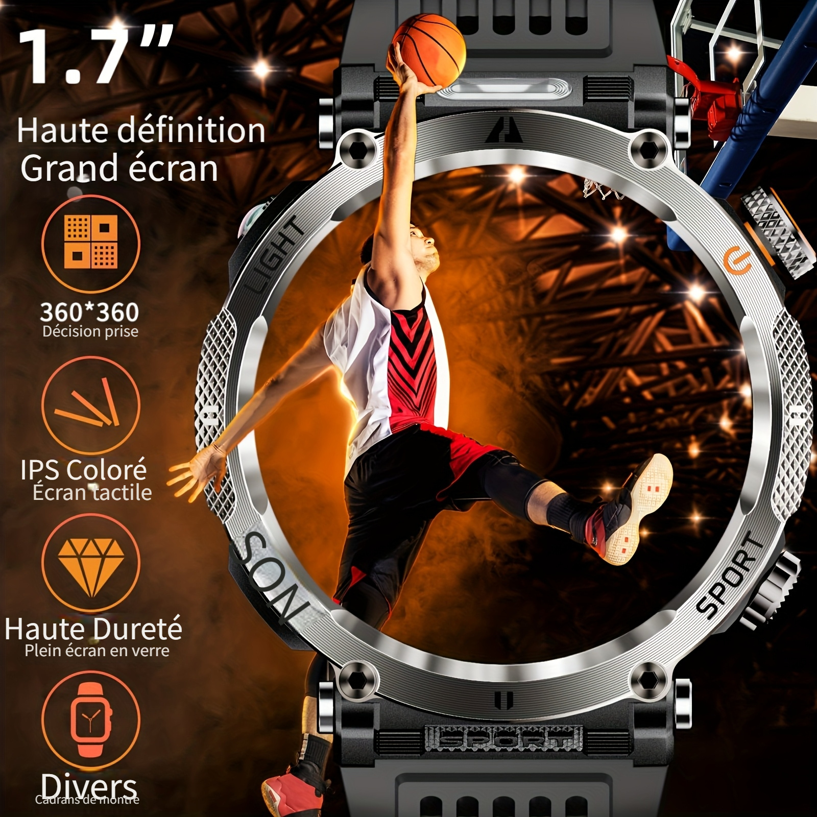 Montre Connectée de Sport d'Extérieur 1.7 pouces, Convient aux Hommes, Supporte Wireless 5.0, Écran IPS 360P, Boîtier en Alliage, en Silicone, Batterie Rechargeable 600Mah, Plus de 100 Modes Sportifs, Boussole, Fonction de Conversation, Chargement USB, Super Lampe Torche – Image 5