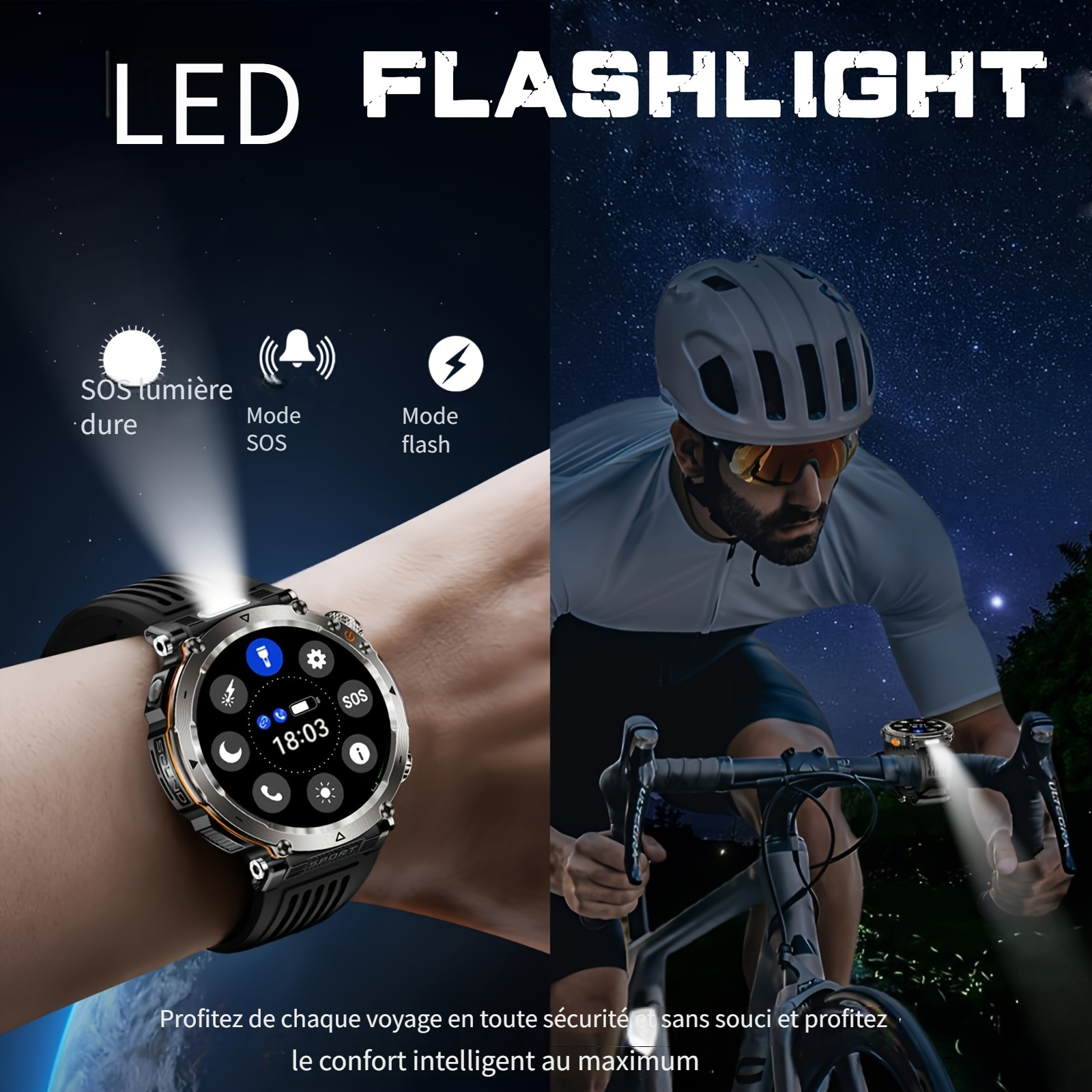 Montre Connectée de Sport d'Extérieur 1.7 pouces, Convient aux Hommes, Supporte Wireless 5.0, Écran IPS 360P, Boîtier en Alliage, en Silicone, Batterie Rechargeable 600Mah, Plus de 100 Modes Sportifs, Boussole, Fonction de Conversation, Chargement USB, Super Lampe Torche – Image 3