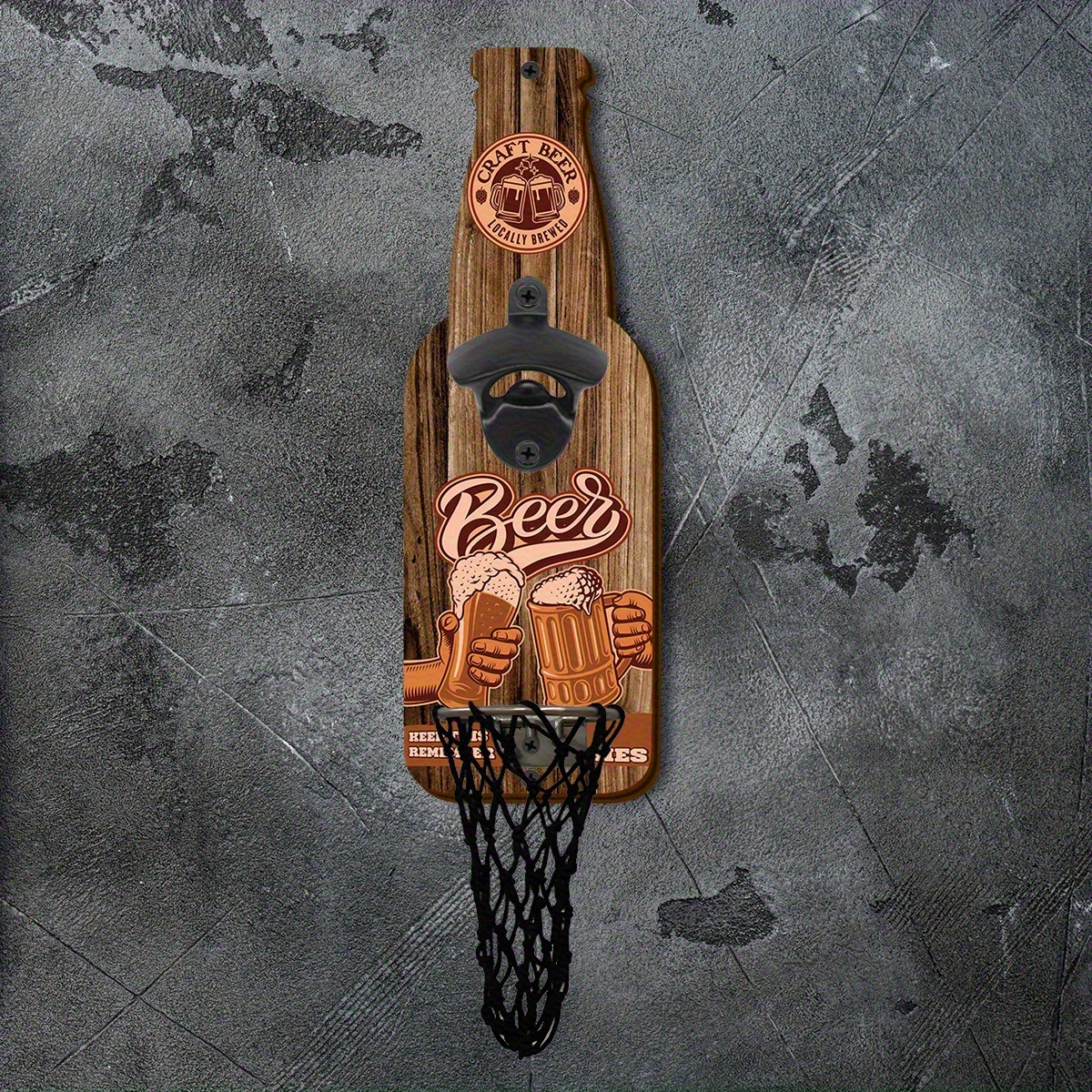 Image of 1pc Vintage Industrial Wooden Beer Bottle Opener With Cap Storage, Wall Mounted, Perfect For Home Bar & Outdoor Dining