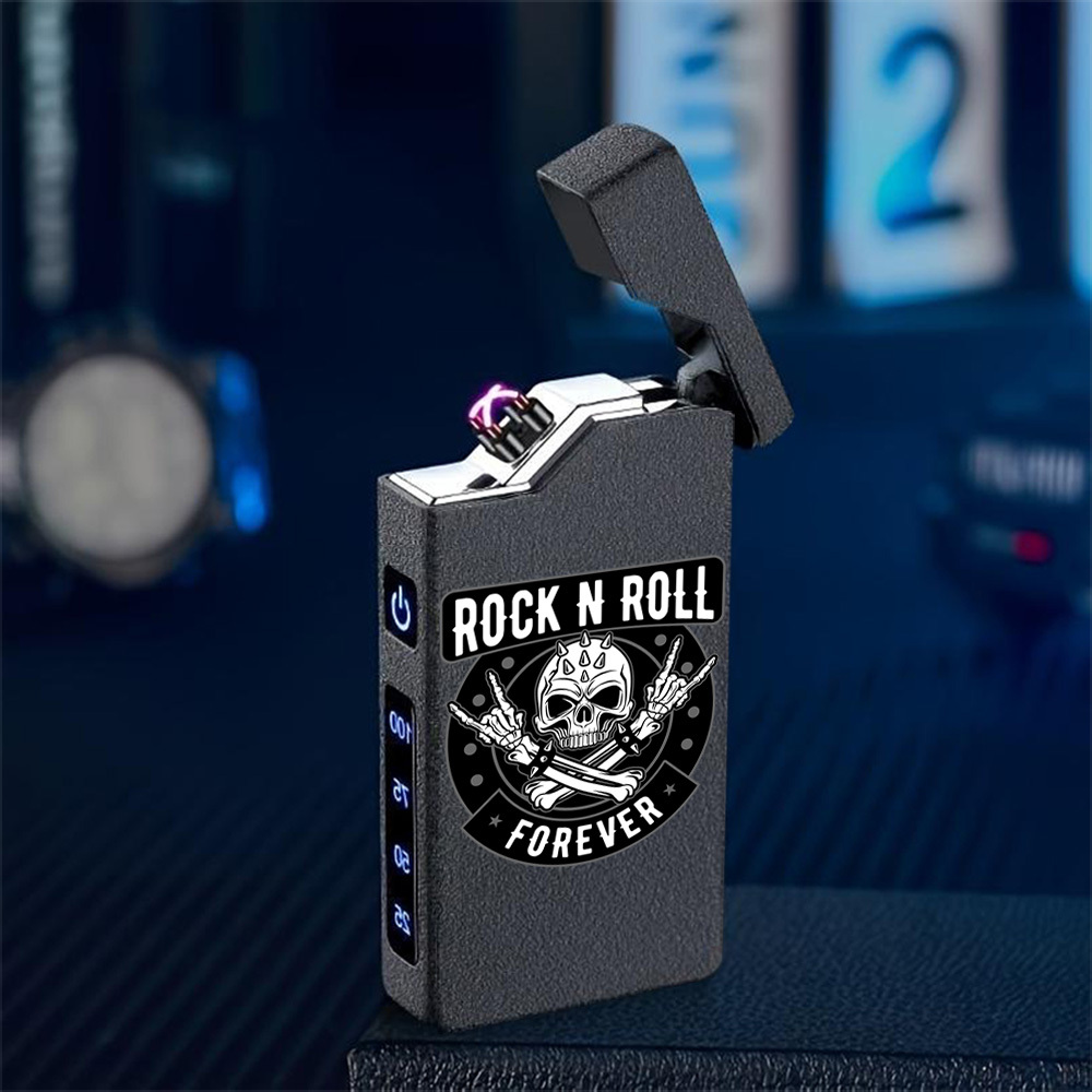 TEMU 1 Windproof Printed With Rock Elements "rock N Roll" And Gesture Pattern Electronic Lighter, Windproof Electronic Lighter, Metal Shell, Power