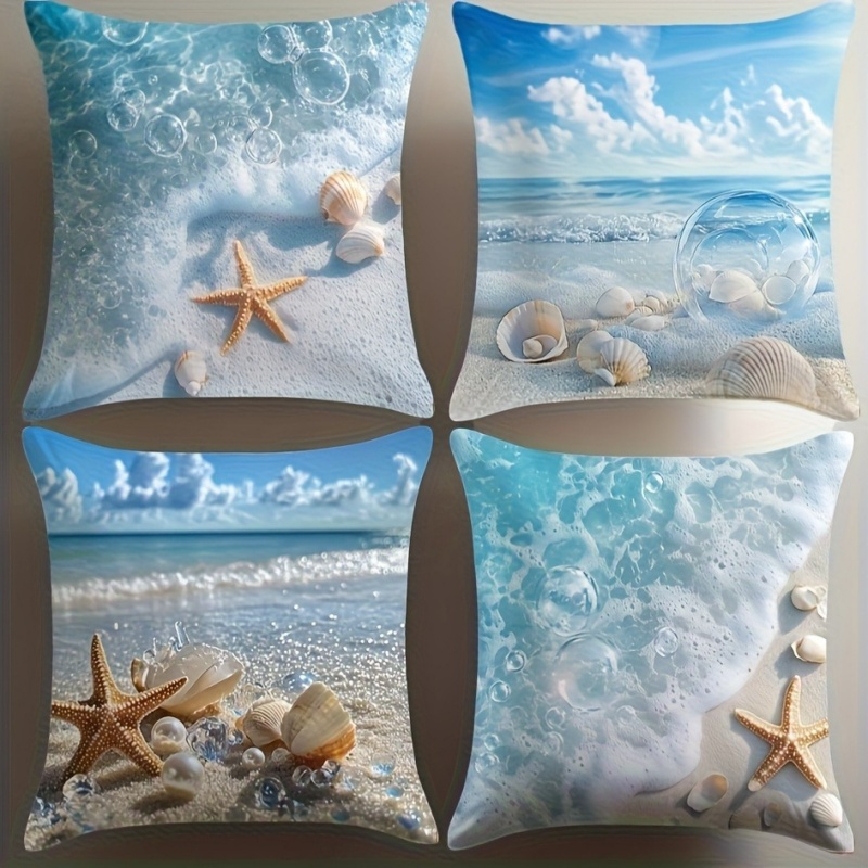 TEMU Set Of 4, Single-sided Printed, Beach-themed Cushion Covers: Featuring Shells, Starfish, And Waves, Modern Stylish Decorative Pillow Covers,