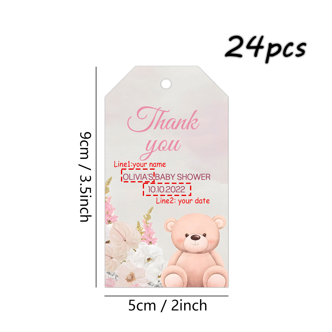 TEMU Set Of 24 Thank You Cards For A Baby Shower Featuring A Teddy Bear And Flowers, Customized Gift Tags With Strings, Personalized Labels For