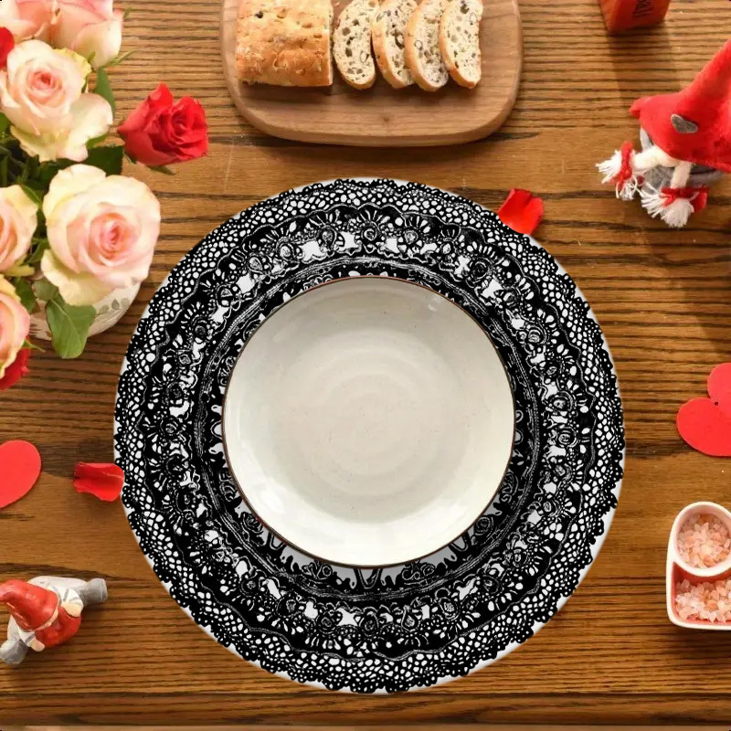 4 runde tischsets schwarzen spitzen doillemustern ideal