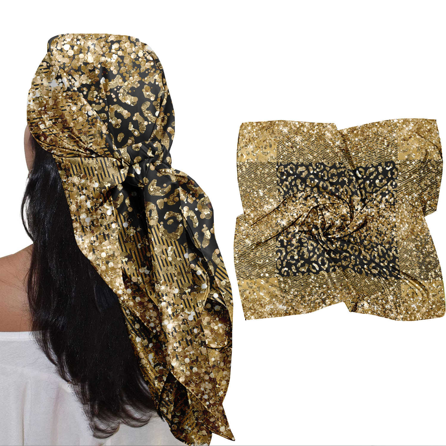 E-shop 35'' quadratisches Tuch für Damen – Weiches Kopftuch, Bandana, goldenes Leoparden-Paillettenmuster (kein physisches Objekt), Haartuch,