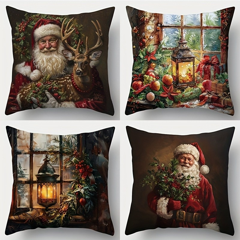 TEMU 4pcs Set, Single-sided Print, Christmas Theme Santa Claus With Reindeer/christmas Lantern Wreath By The Window/santa Claus Holding Plant