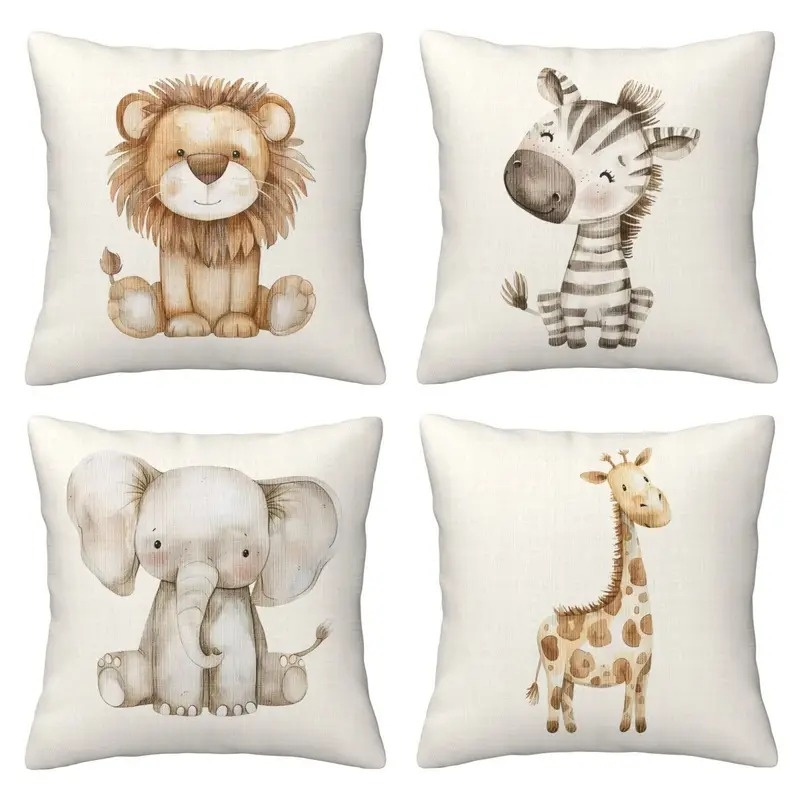 TEMU 4pcs Pack Retro Animal Print Covers Suitable For Sofa, Bed, - Lion, Zebra, Elephant, Giraffe Patterns, Zippered Decorative Pillowcases, Machine