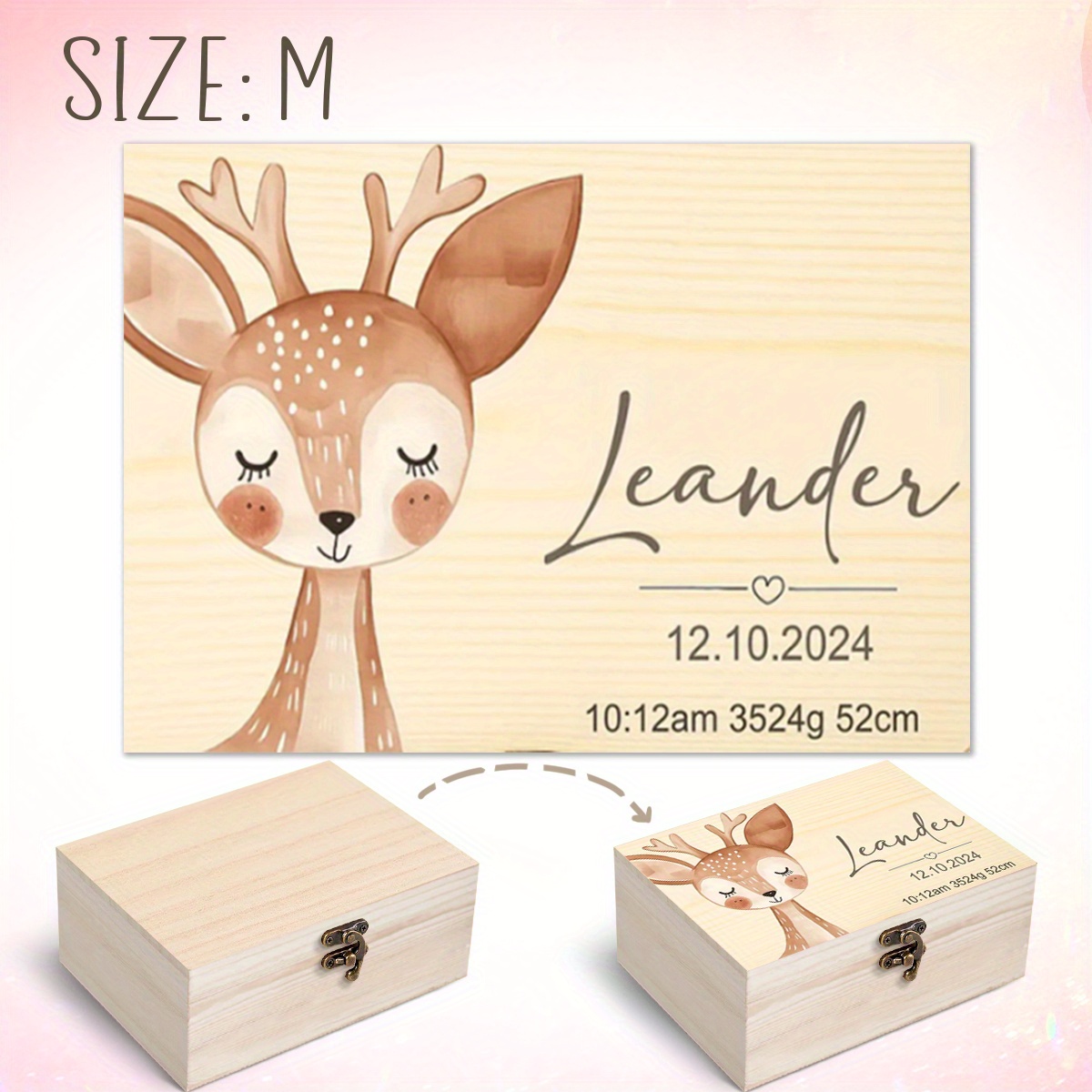 1pc Classic Customizable Wooden Lidded Storage Bin With Locks, Easy Style Home Storage Supplies, Storage Box, Box Souvenir Box Cute Deer