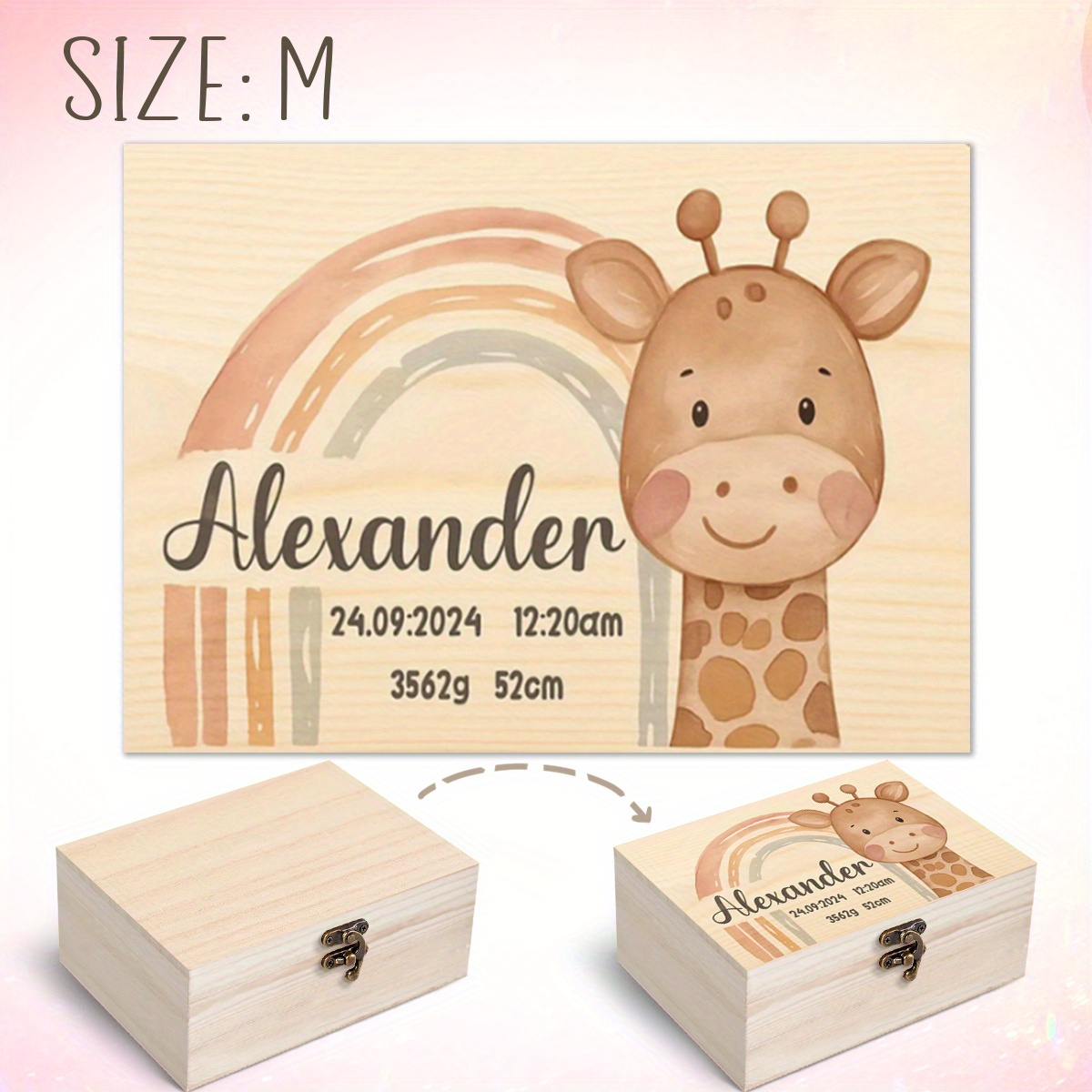 1pc Classic Customizable Wooden Lidded Storage Bin With Locks, Easy Style Home Storage Supplies, Storage Box, Box Souvenir Box Cartoon Giraffe, Soft Rainbow Pattern