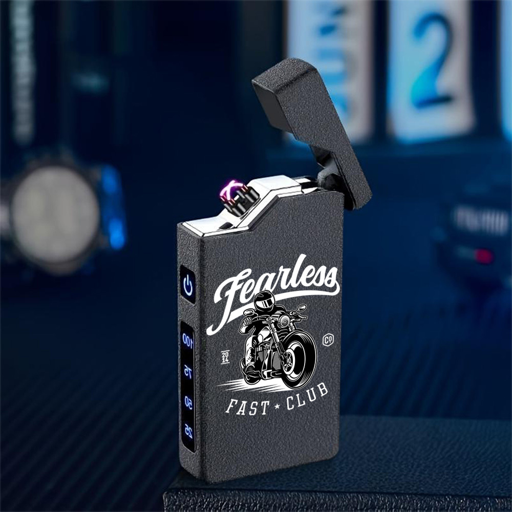TEMU 1pc Briquet Électrique -Vent avec Motif Moto, Style , Rechargeable USB, Double Arc, Flamme, Coque Métallique, Indicateur de Batterie, Longue ,