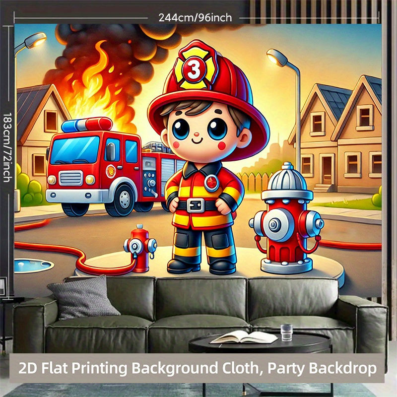 TEMU 2d Flat, 2d Flat Printing Backdrop Banner 1pc, Firefighter And Fire Truck Emergency Scene Background Cloth - Durable And Washable Wall Banner,