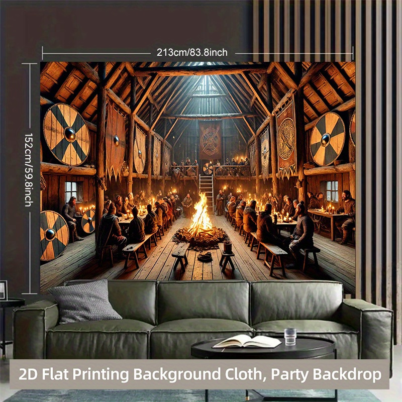 TEMU 2d Flat, 1pc Viking Party Backdrop Banner - Norse & Hall Scene With Viking Warriors, Durable Wall Hanging For Themed Events, Photo Background,