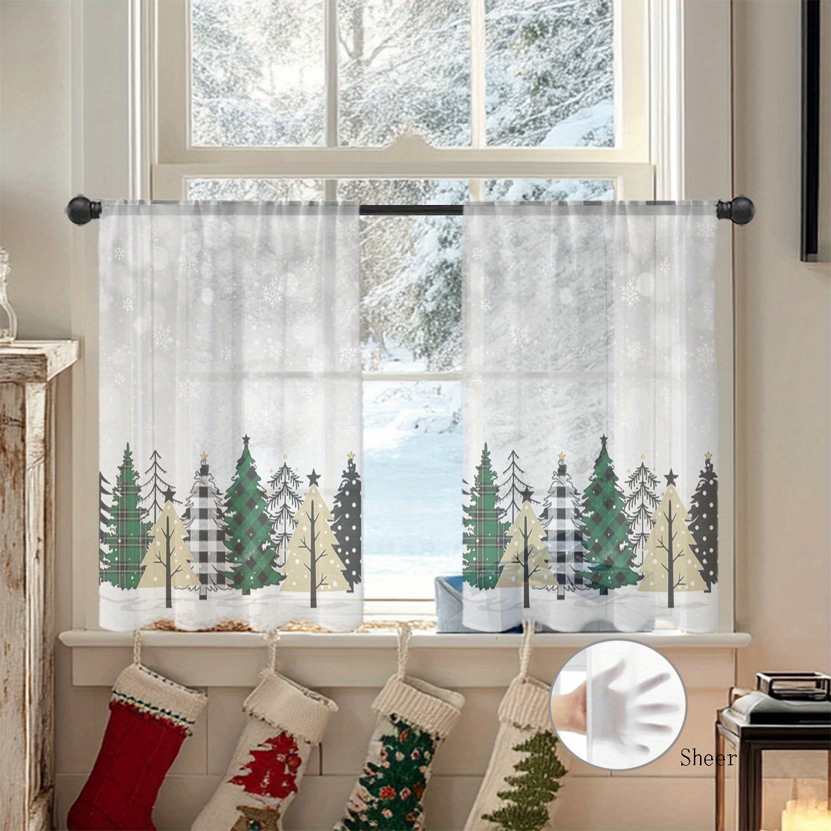 TEMU 2pcs Christmas Tulle Semi-transparent Short Curtains, Modern Minimalist Style Multi-colored Christmas Tree Pattern, Winter Christmas Decoration,