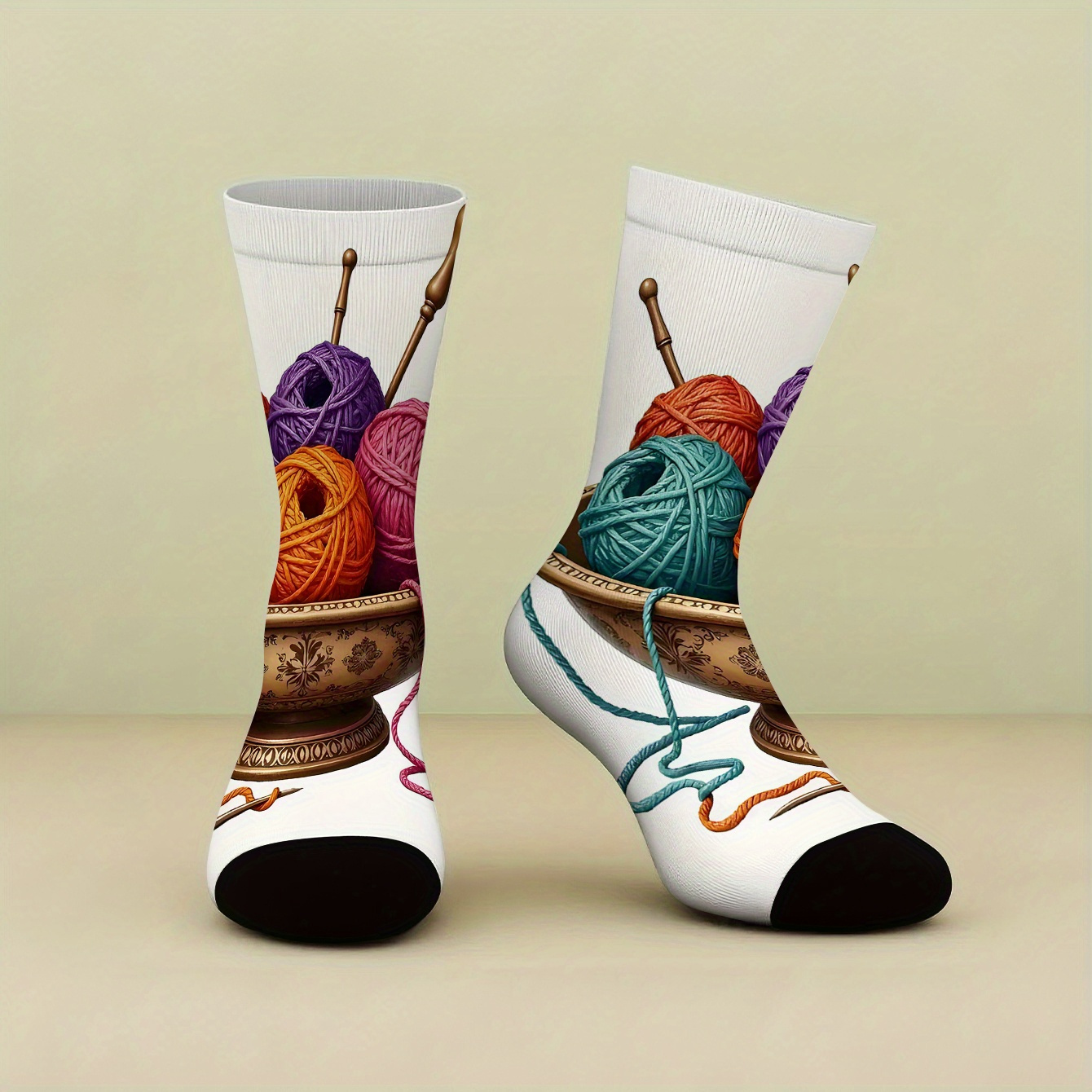 TEMU 1 Pair Of Mid-tube Socks, Featuring A Colorful Knitted Bowl With Knitting Needles Print. Comfortable And Cute , Durable Material. Suitable For