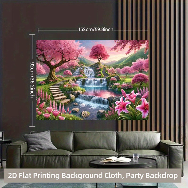TEMU 2d Flat, 2d Flat Printing Backdrop Banner 1pc, Pink Blossoms And Flowing Landscape Background Cloth - Durable And Washable Wall Banner,