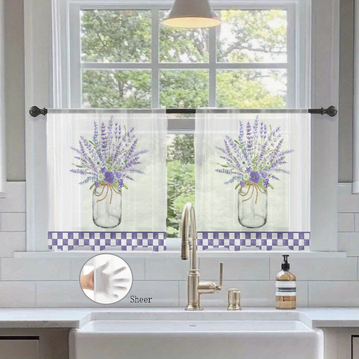 2pcs polyester sheer curtains with lavender vase and blue white checkered pattern spring decorative drapes for kitchen bedroom living room restaurant laundry bar countertop home d cor curtains for room   cutout pattern curtains european curtains for living room christmas living room curtains european style curtains curtains with hooks light filering curtains sheer curtains satin curtains curtains for bed home privacy solution