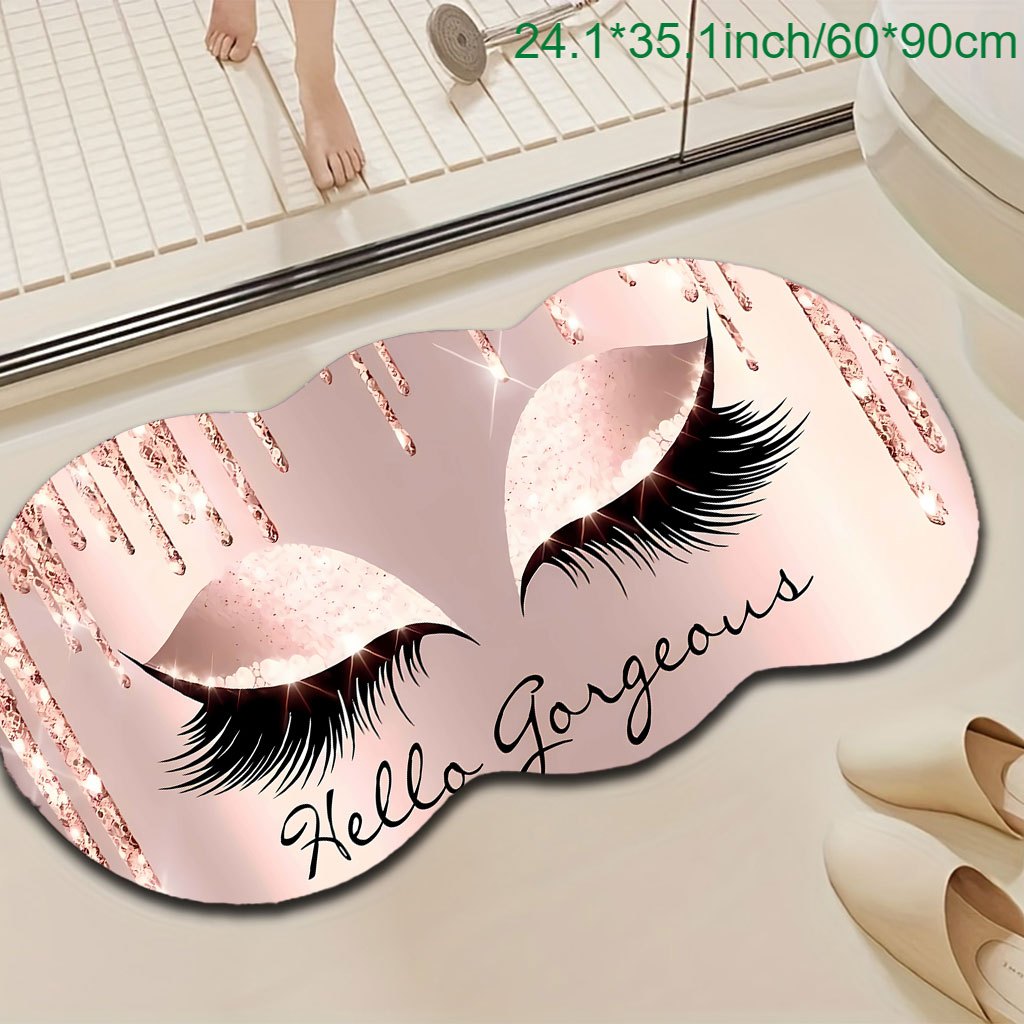 TEMU 1pc Large Luxury Mat - Glittery Eyelash Design With Golden/pink Glittery Eyes, Plush Soft Floor Mat, Irregular Shape Modern Mat For Bedroom,