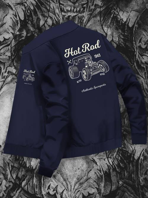 vintage rods print mens fit jacket zippered casual outerwear with pockets machine washable autumn winter stylish design wrinkle