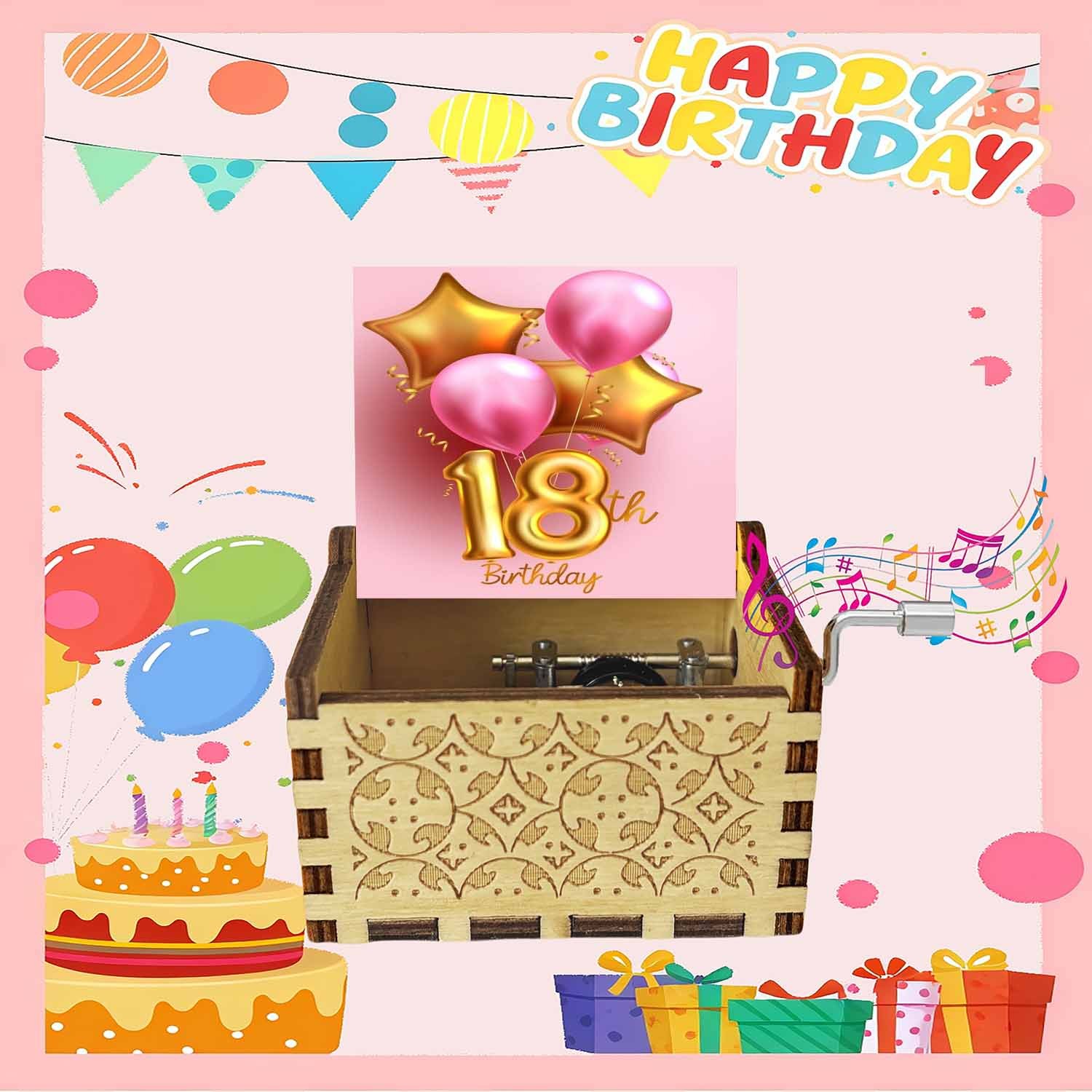 TEMU 18th Birthday Coming-of-age Hand-cranked Music Box, Balloon Cake Print, No Battery Manual Cranking To Play Melody, Suitable For 18th Birthday