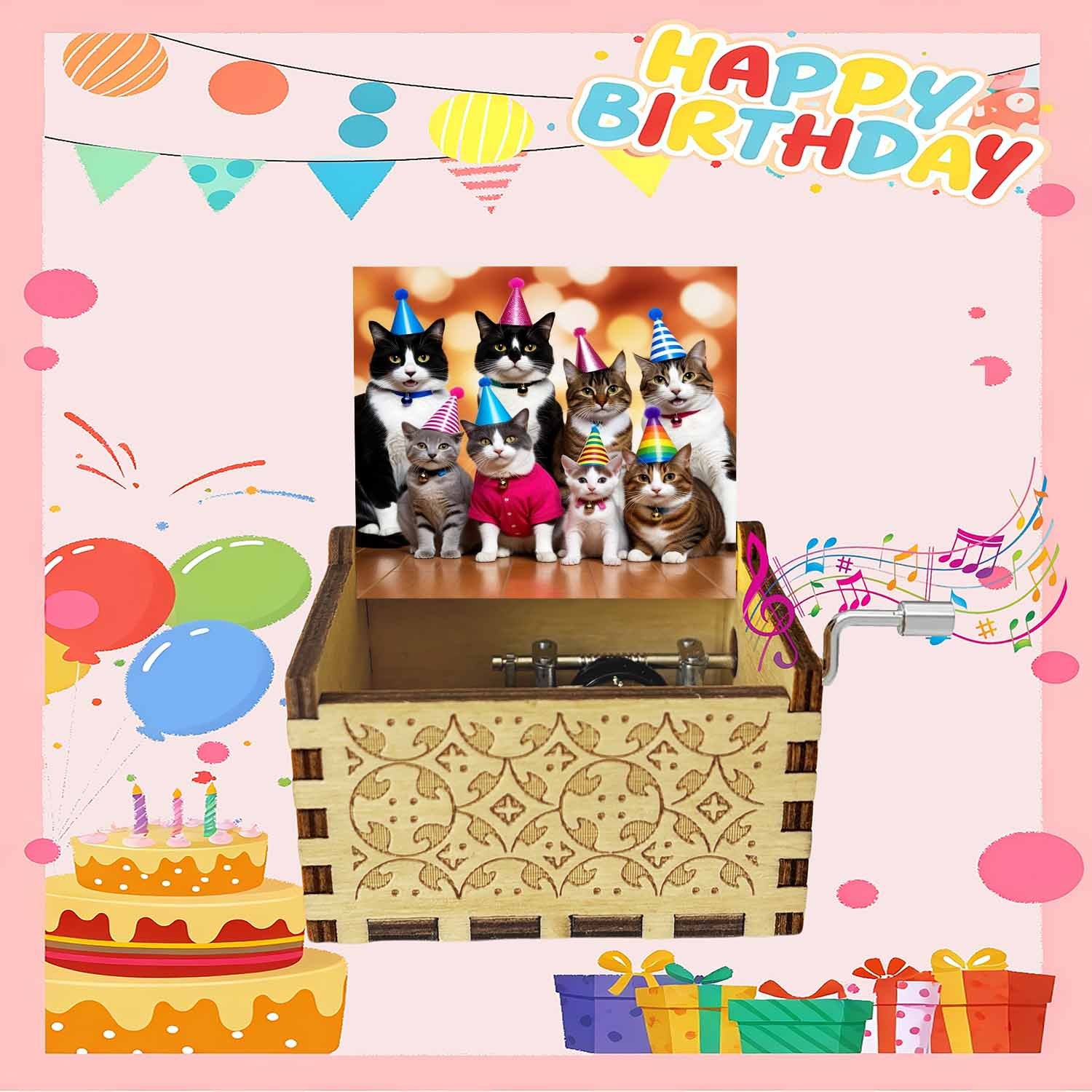 TEMU 1pc Wooden Hand-cranked Music Box, Happy Birthday Cats With Party Hats Pattern, Birthday Tune, Birthday Gift For , Ideal For Birthdays,