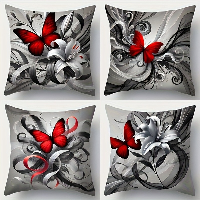 TEMU Ensemble de 4 housses de coussin imprimées sur une face, motif papillon rouge et fleur argentée, style , housses de coussin décoratives et