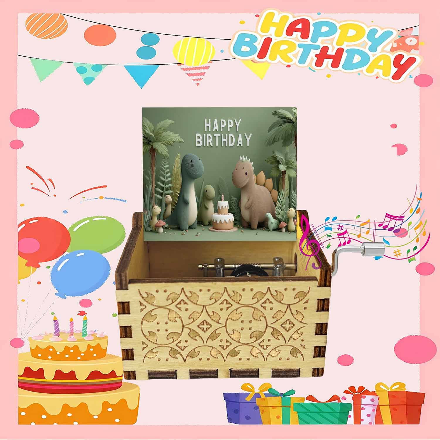 Image of 1pc Wooden Hand-cranked Music Box, Happy Birthday Dinos Pattern, Birthday Tune, Birthday Gift For , Ideal For Birthdays, Thanksgiving, Christmas Gifts, New Year's Gift, Home Decor Item