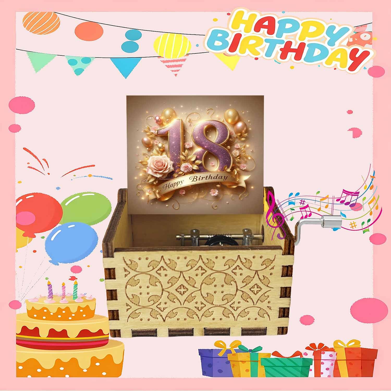 E-shop 1 Stück Retro Handkurbel-Musikbox mit "Happy Birthday"- – Holz-Liederkurbelspielzeug für 18. Geburtstag, Geburtstagsdeko, Weihnachts-