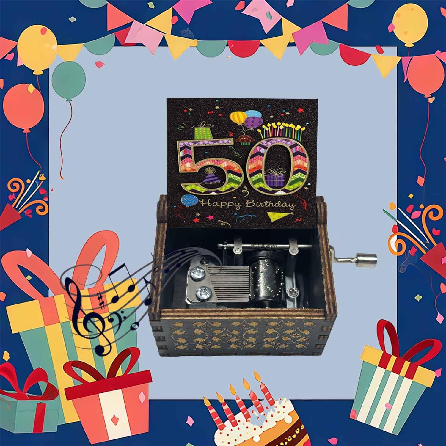 E-shop 1 Stück Retro Handkurbel-Musikbox zum 50. Geburtstag mit "Happy Birthday"- – Holz- für 50-Jährige, Geburtstagsdekoration, Musikalisches Geschenk