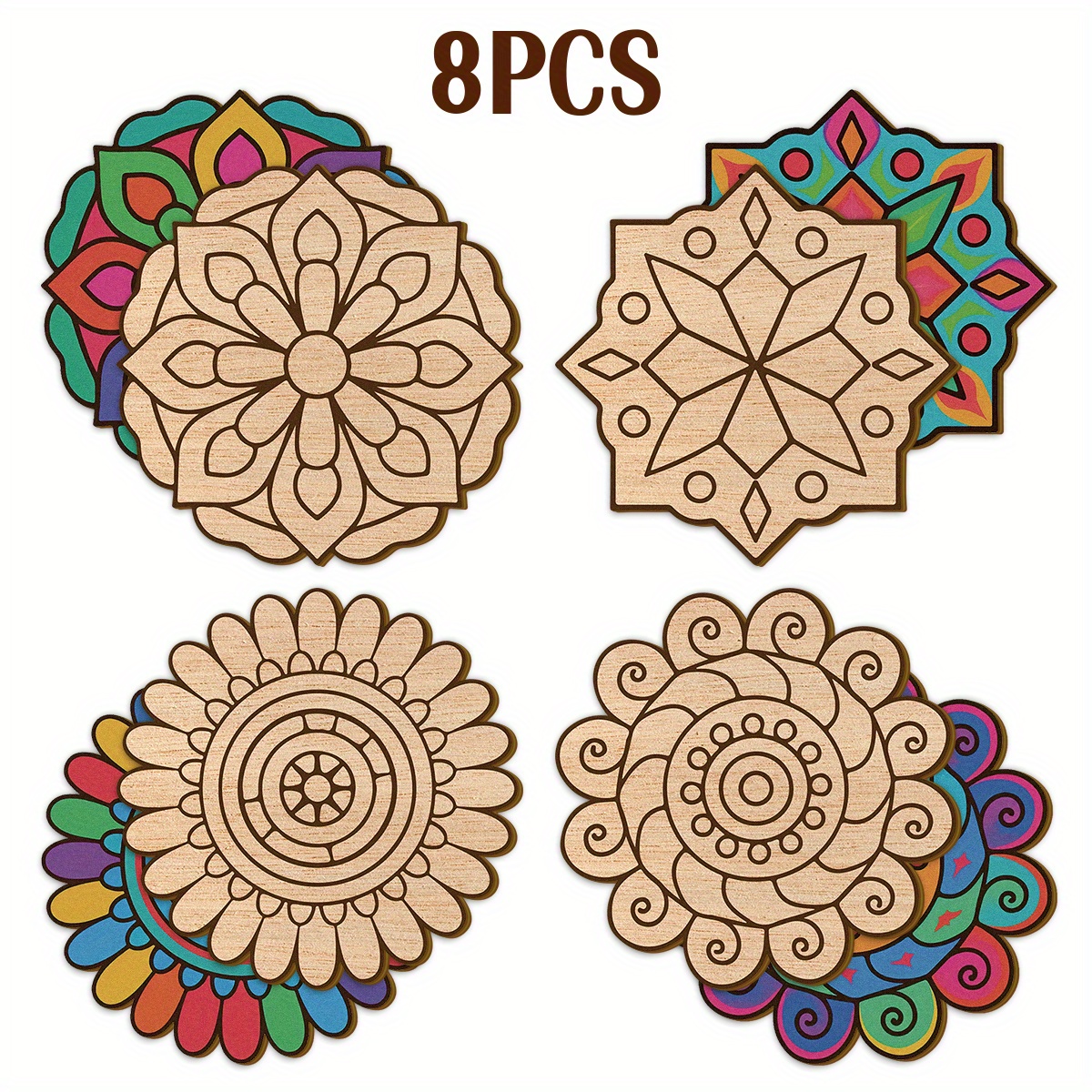 8pcs large wood mandala coloring kit with stickers pre cut templates stars flowers hearts for diy paintable ornaments art supplies for s therapeutic craft activity decorative craft set