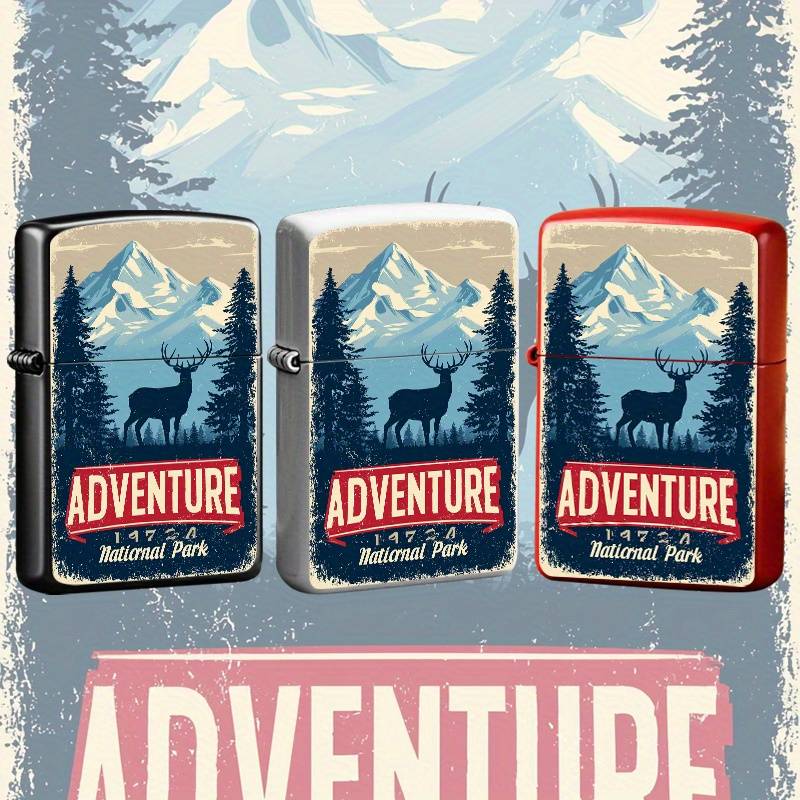 A 2D HD Printed Vintage Adventure Forest Metal Lighter Case, an Ideal Gift for Father'S Day, Perfect for Outdoor Enthusiasts And Fathers, Practical And Stylish, Does Not Include The Lighter 0