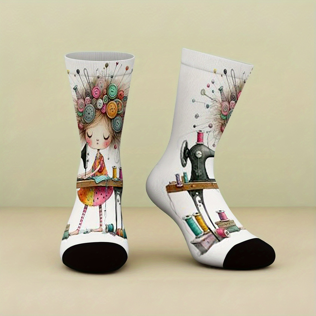 1 Pair Of Mid-calf Socks With Sitting At Table Operating Sewing Machine Pattern, Four-season Comfortable Cute Design, Durable Material