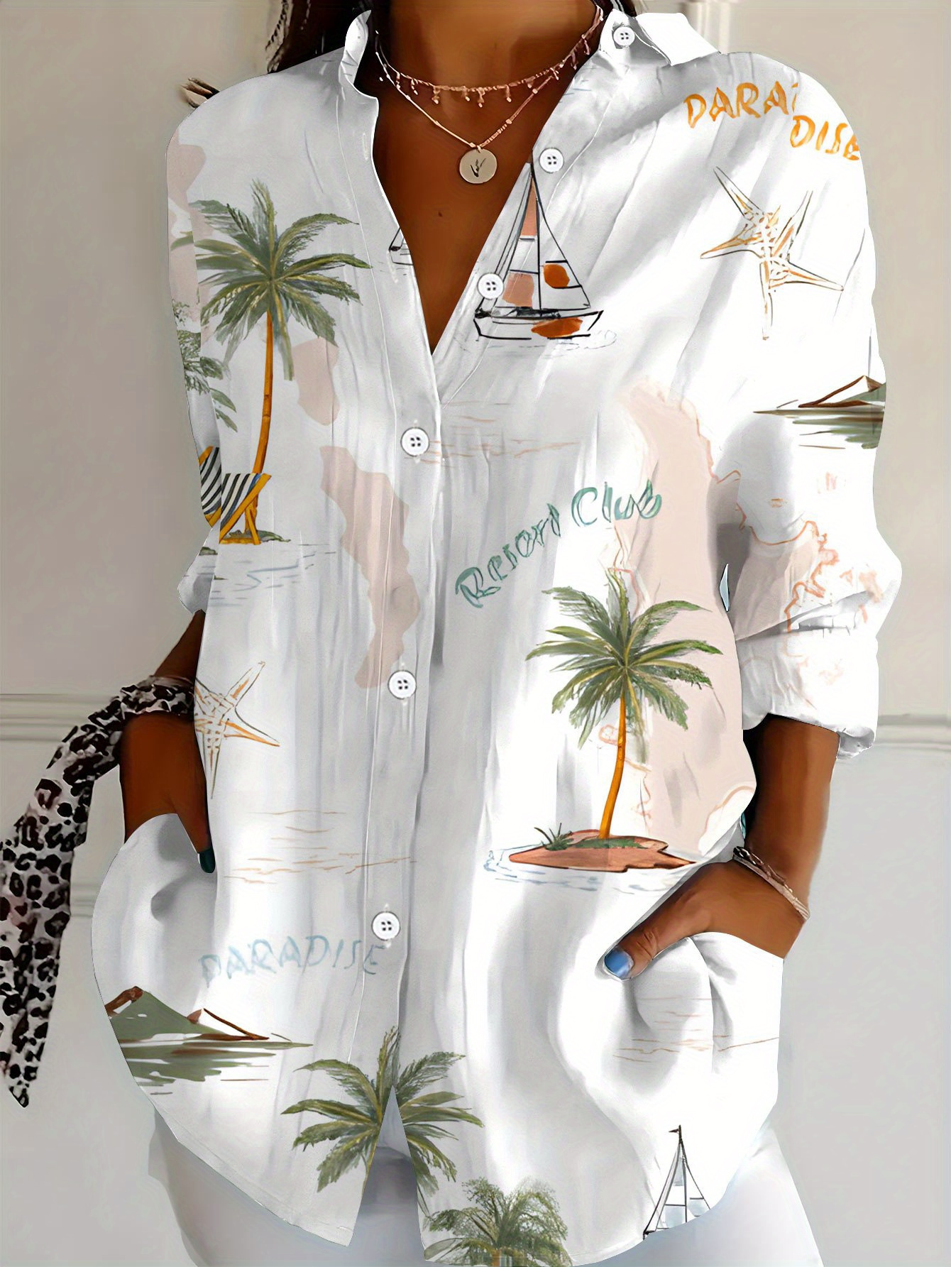 plus size plus size plus size womens long sleeve shirt   printed blouse sailing palm style   length womens shirt   colored casual shirt soft and comfortable   and delicate spring autumn base layer shirt