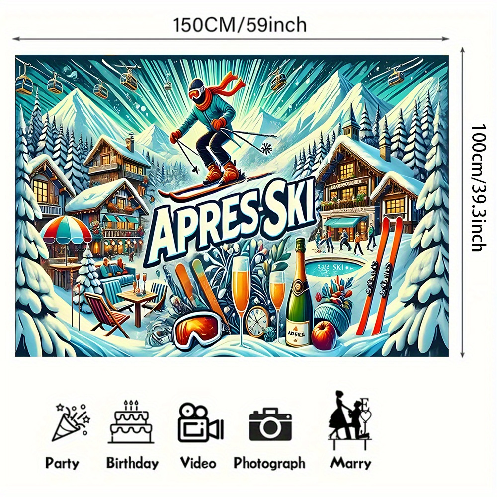 TEMU 2d Flat, Winter Ski Party Banner - 2d Flat Ski-themed Decoration With AprÃ¨s-ski Design (hot, Champagne & Ski Lift Graphics) For /outdoor
