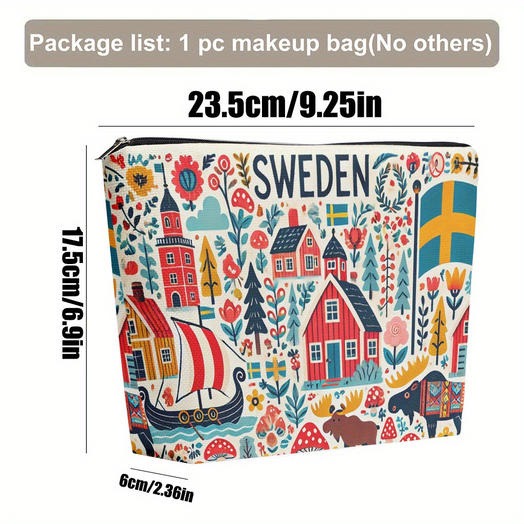 Makeup Bag 1pc, Swedish Traditional Linen Cosmetic Bag, Foldable & Portable Toiletry Bag Use For , Zipper Closure, Travel Storage/daily, Gift For , Christmas, Birthdays, Graduations, Holiday