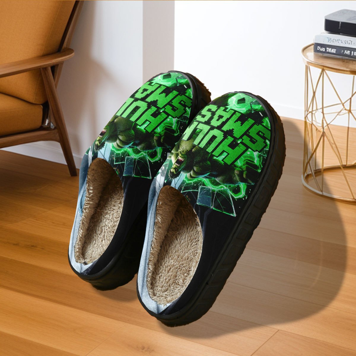 1-Pair Hulk Smash Slippers - Official Superhero House Shoes with Hulk Face & Mjolnir Hammer Design