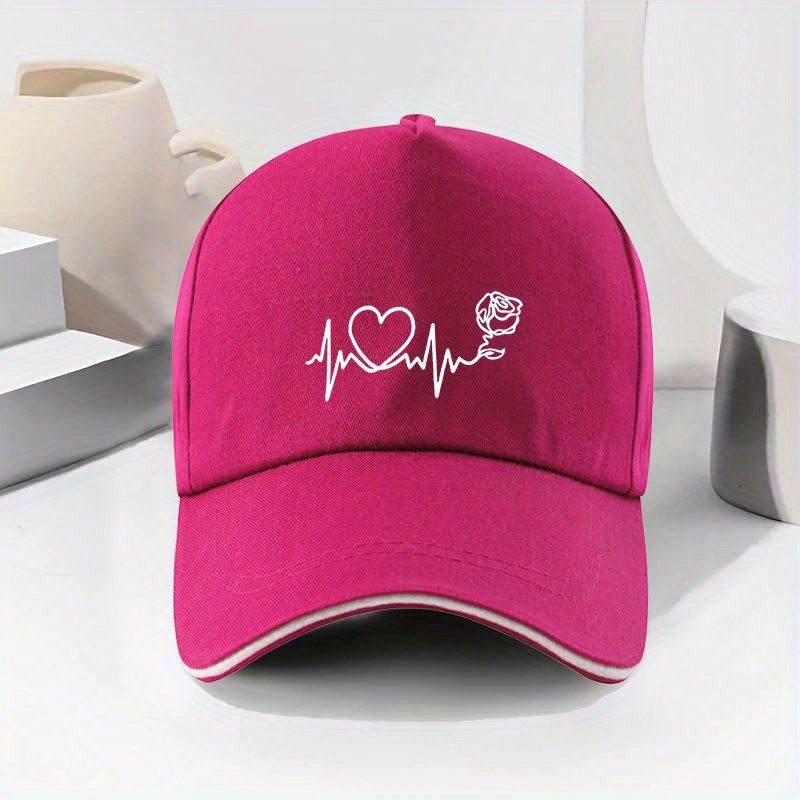 E-shop Eine atmungsaktive, leichte Baseballkappe für Damen mit Sonnenschutz, Herz- und Rosen-Print, verstellbare Freizeit-Sportkappe aus Polyester,