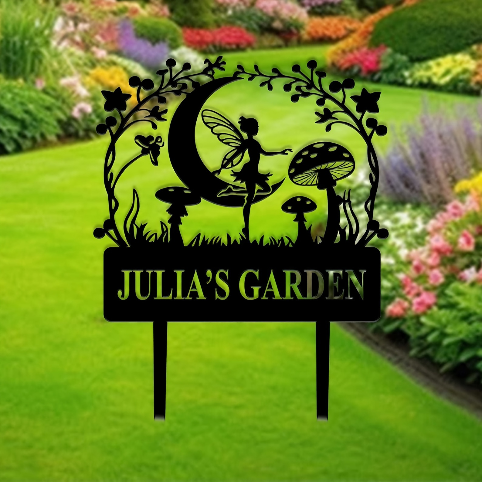 TEMU Personalized Tale Garden Metal Sign - Crescent, Mushrooms, And - Custom Text Outdoor Decor For The Yard, Thanksgiving Gift For Gardeners -