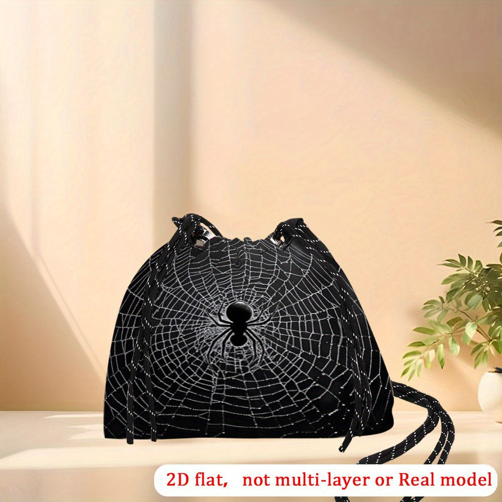 TEMU A 2d Flat-printed Drawstring Crossbody Bag Featuring A Halloween Spider In At Night, Designed For Daily Use By Women. This Durable And Portable