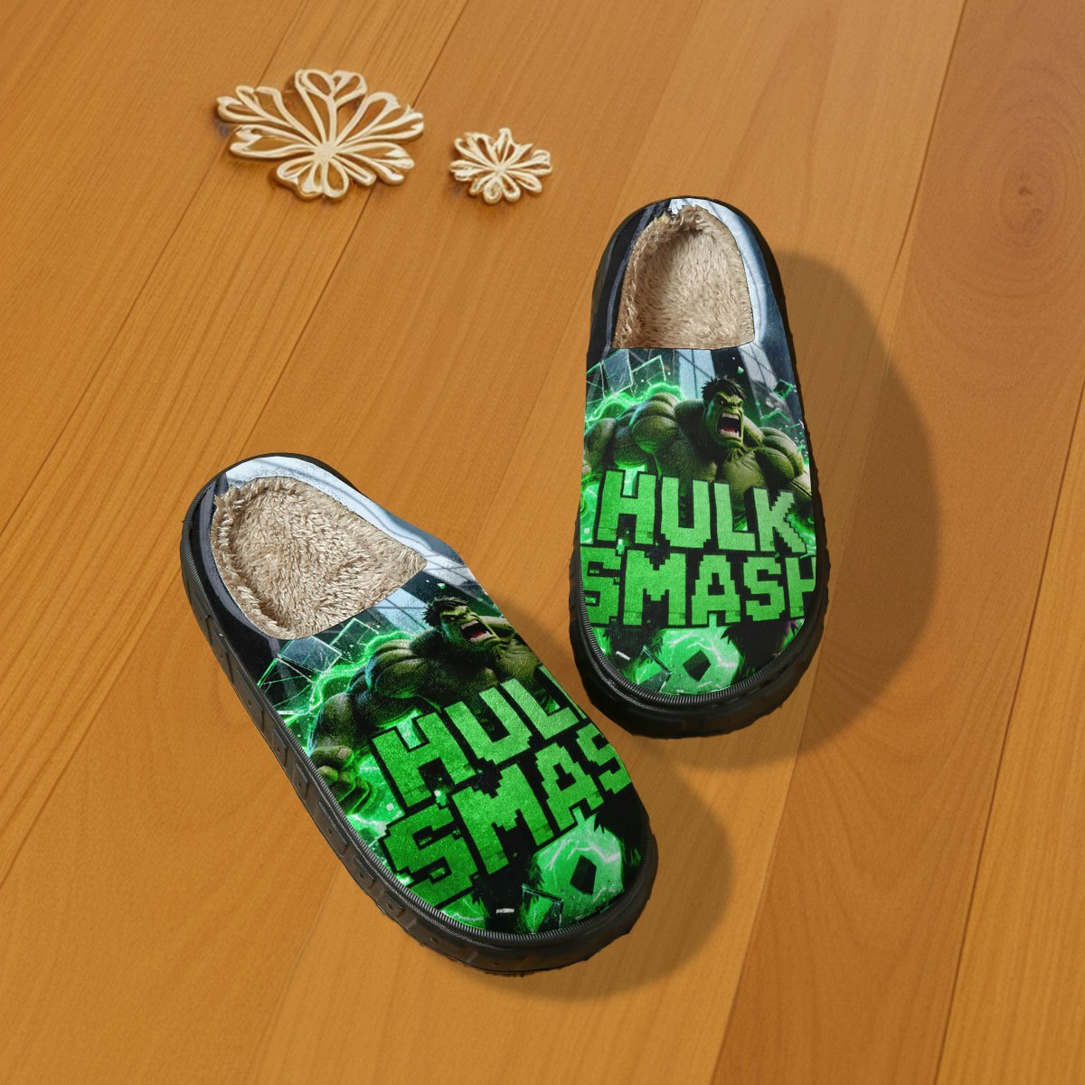 1-Pair Hulk Smash Slippers - Official Superhero House Shoes with Hulk Face & Mjolnir Hammer Design