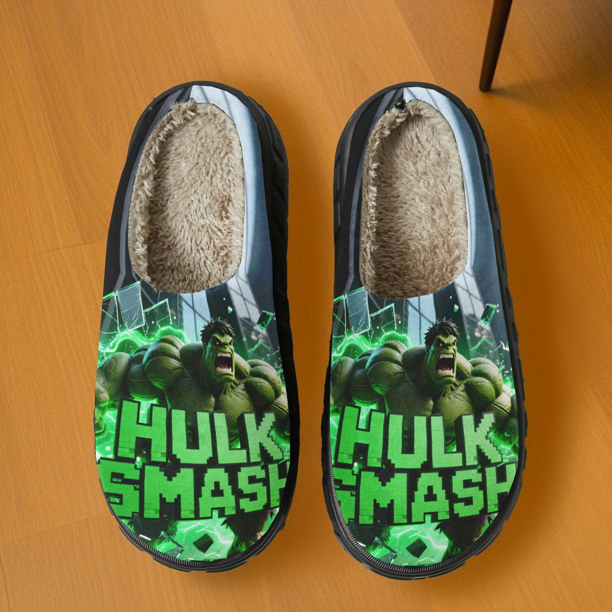 1-Pair Hulk Smash Slippers - Official Superhero House Shoes with Hulk Face & Mjolnir Hammer Design
