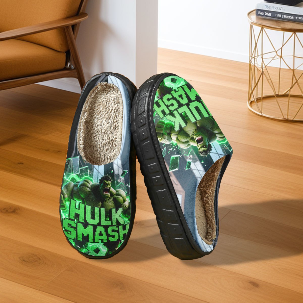 1-Pair Hulk Smash Slippers - Official Superhero House Shoes with Hulk Face & Mjolnir Hammer Design