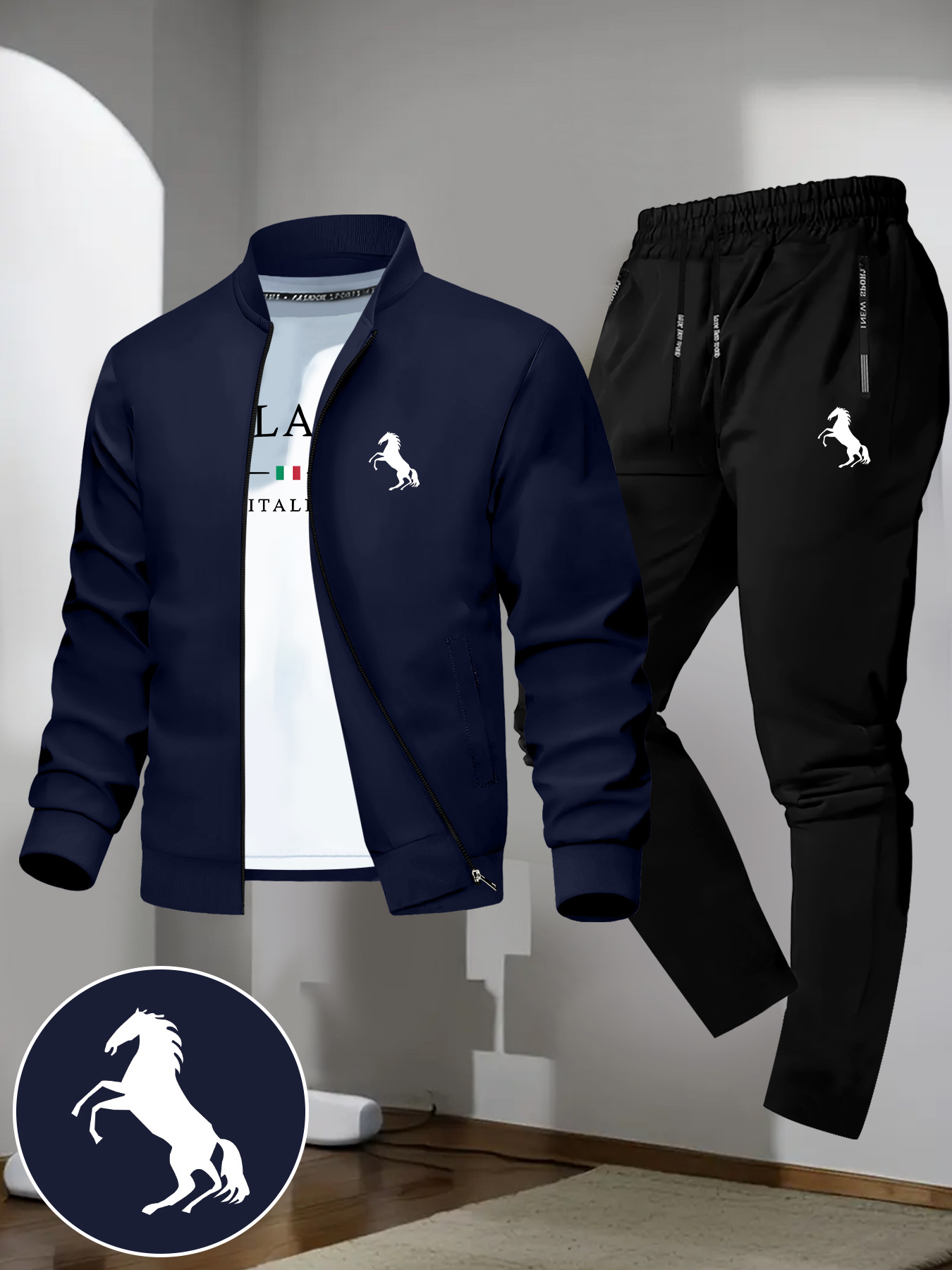 Tweedelig Jas Set met Paardenprint, Trendy Design Casual Jeugd Zakelijk Baseball Stand Kraag Sport Blazer Pak voor Mannen