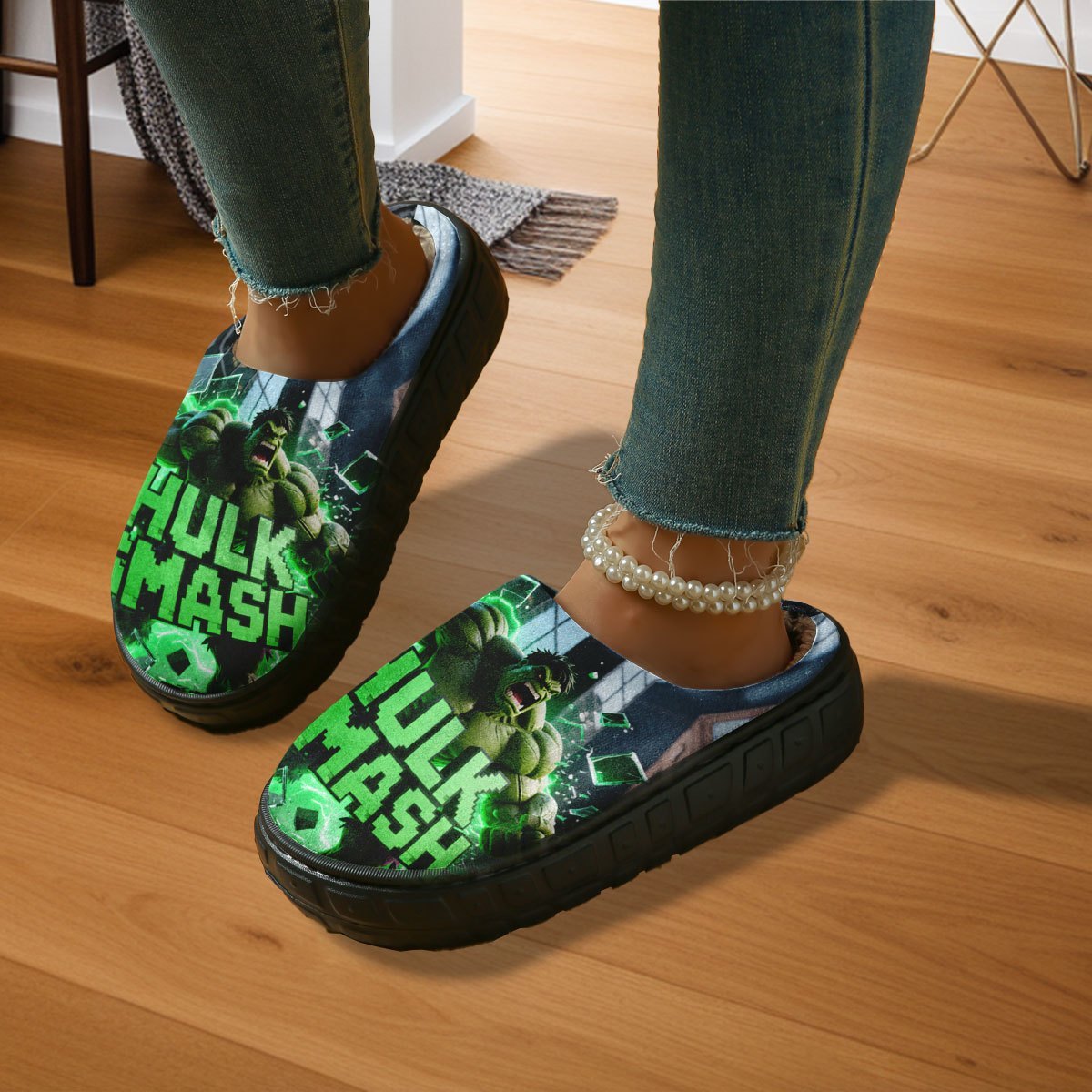 1-Pair Hulk Smash Slippers - Official Superhero House Shoes with Hulk Face & Mjolnir Hammer Design