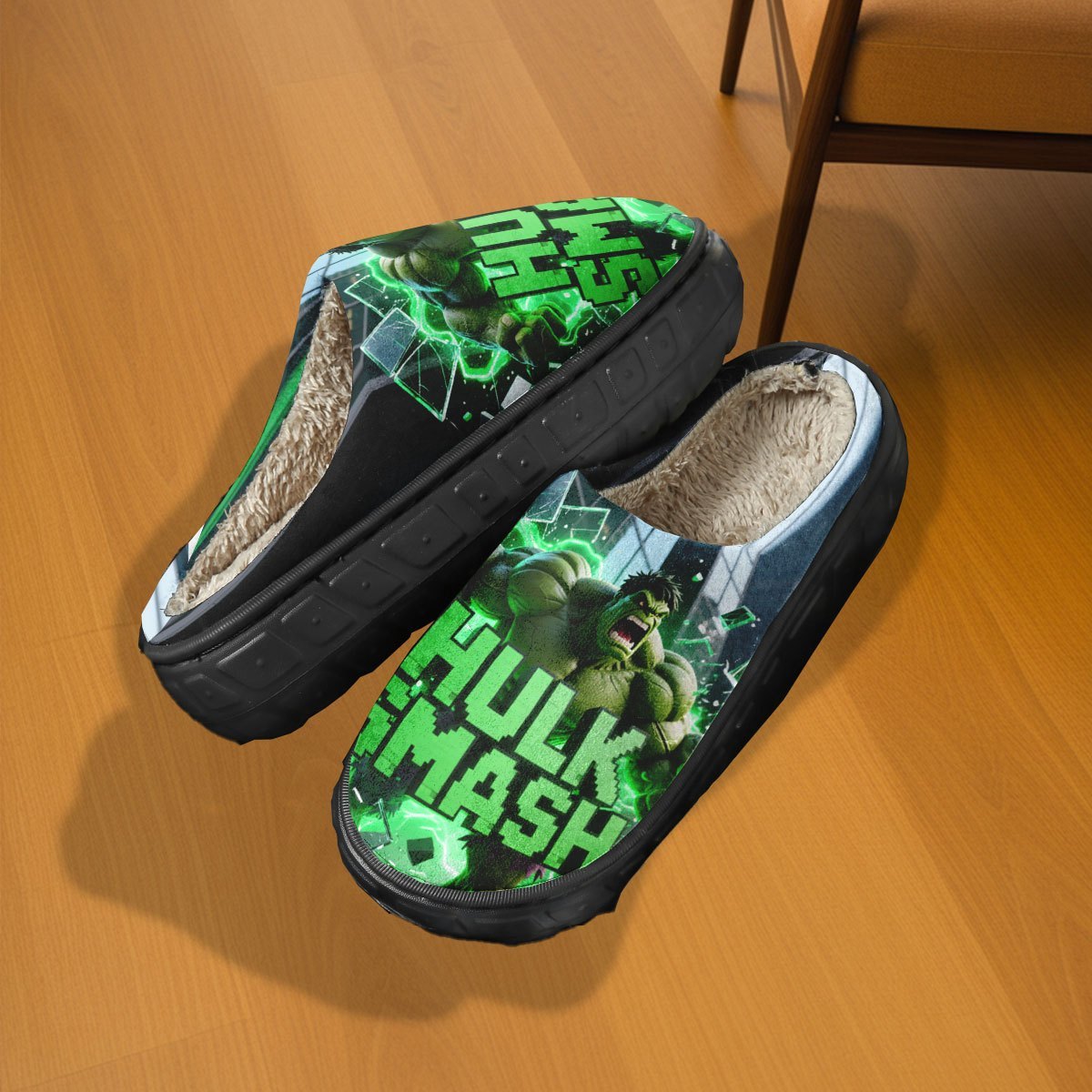 1-Pair Hulk Smash Slippers - Official Superhero House Shoes with Hulk Face & Mjolnir Hammer Design
