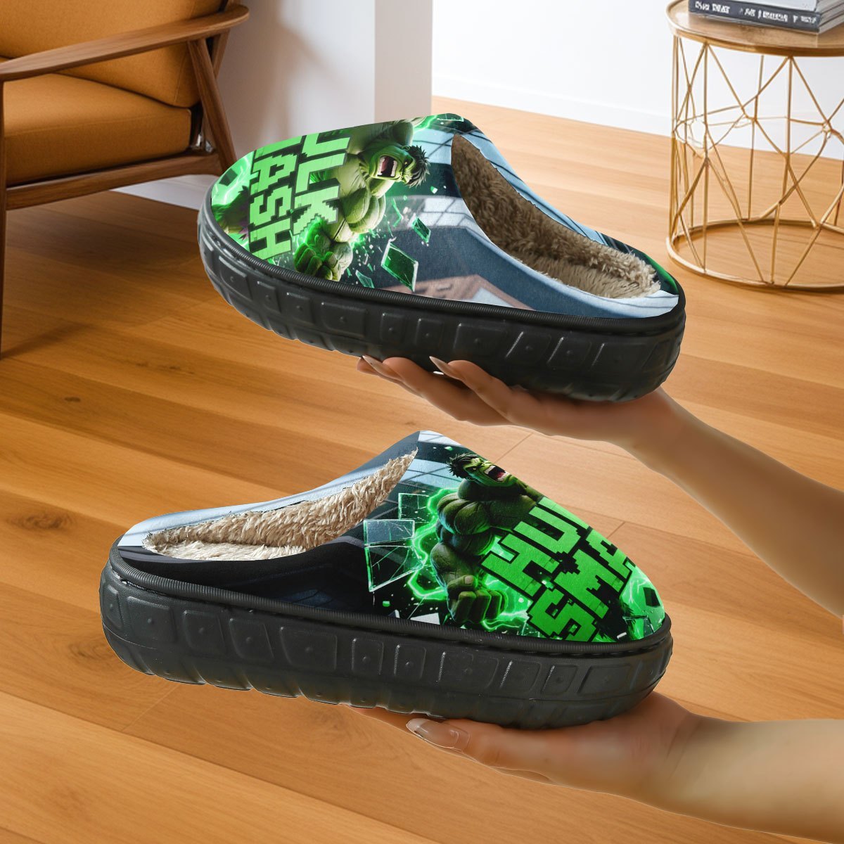 1-Pair Hulk Smash Slippers - Official Superhero House Shoes with Hulk Face & Mjolnir Hammer Design