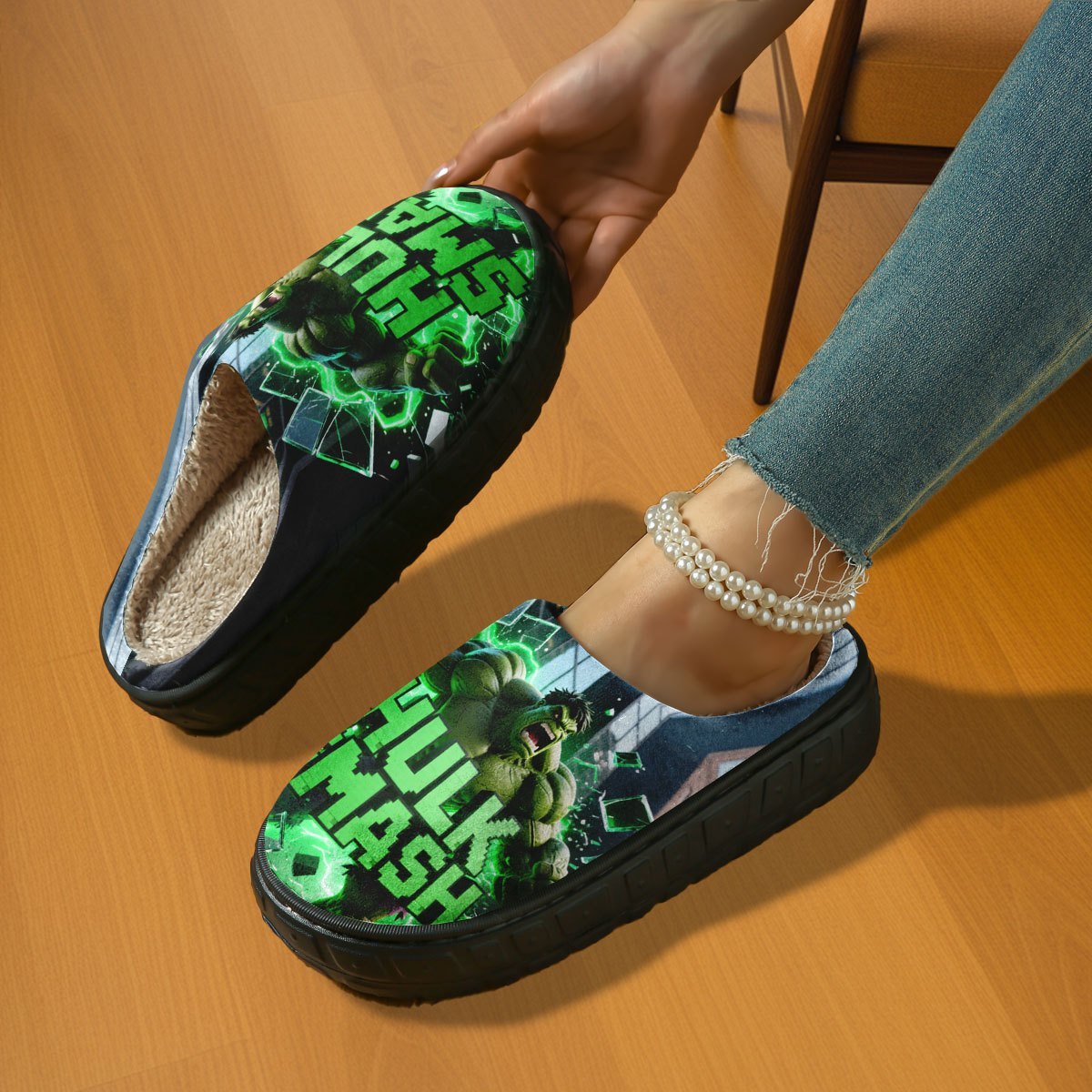 1-Pair Hulk Smash Slippers - Official Superhero House Shoes with Hulk Face & Mjolnir Hammer Design