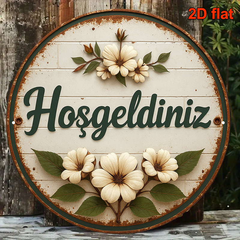 E-shop 2D Flat - . 2D Flat Rundes Türkisches Willkommensschild | Vintage Blumenmuster Aluminium Wandkunst mit "Hosgeldiniz" Text, Rustikales Used-Look
