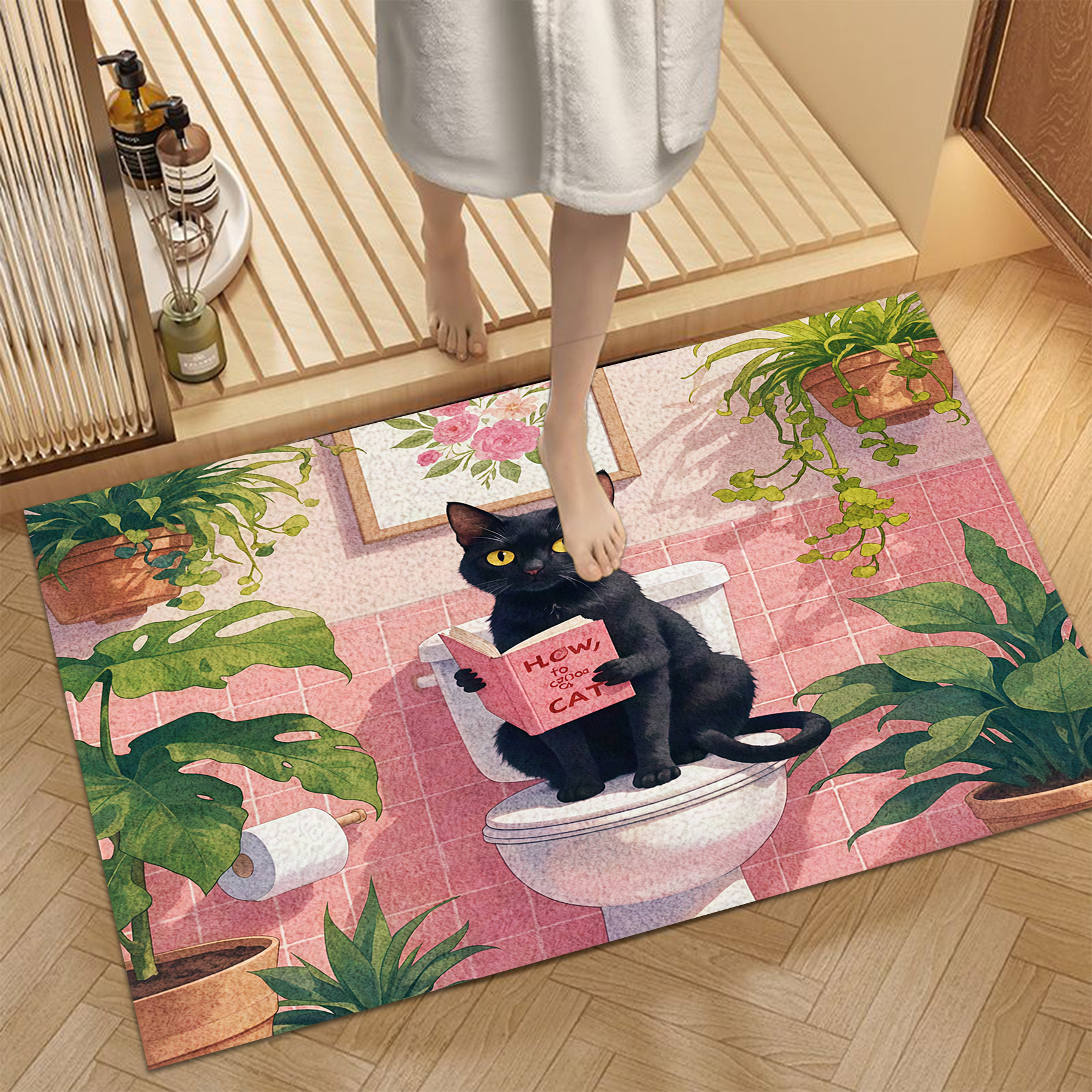 TEMU 1pc Of Flannel Bathroom Non-slip Mat Featuring A Fun Black Cat Reading Design, Made Of Plush, Machine Washable, Absorbent, With A Dotted Plastic
