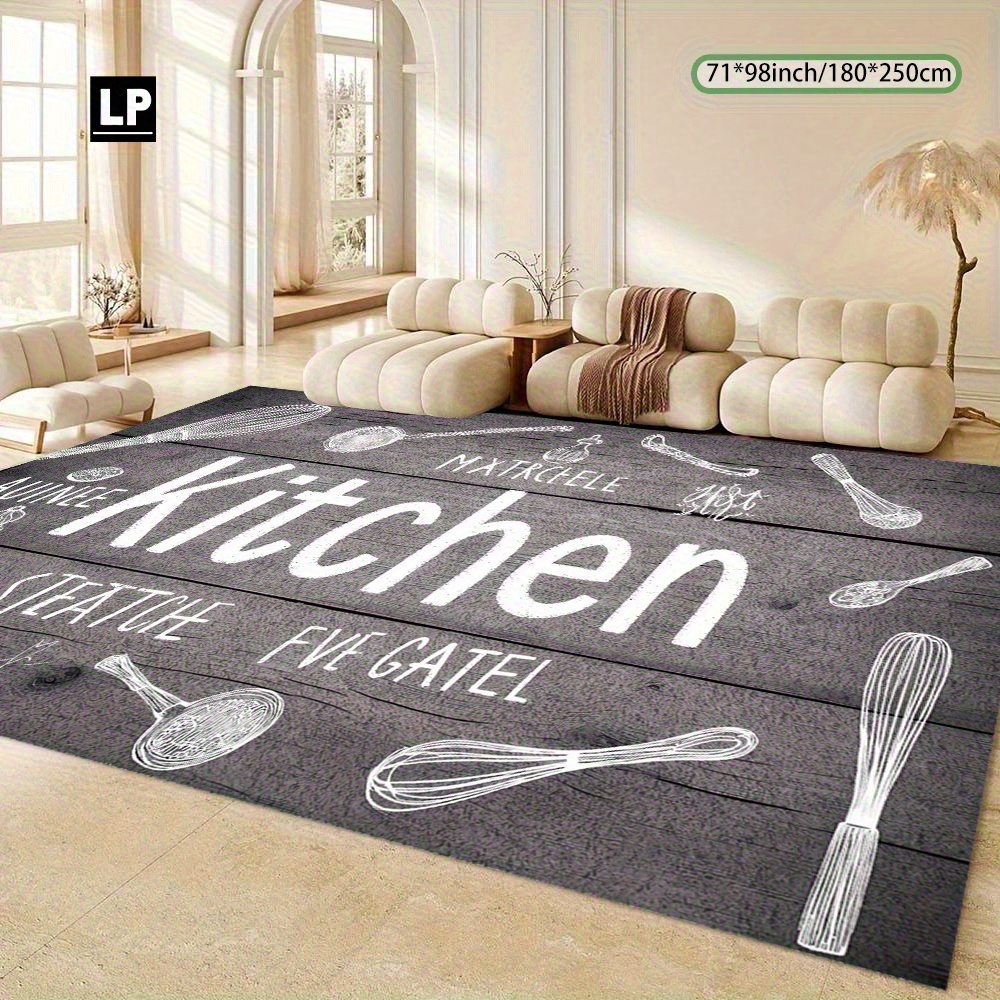 TEMU 850g/ã¡ Velvet Carpet With A Modern Utensil Design Featuring 'kitchen'. Machine Washable, Non-slip, Thick, Durable, And , Suitable For Living