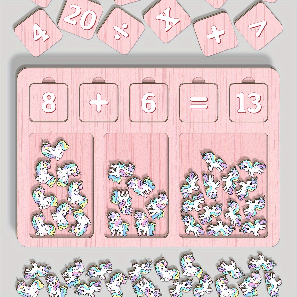 Wood Math Learning Set With 40 Pink Blocks & Numbered 1 Tray - -style Board, Counting, Addition & Subtraction Practice, Durable Educational Gift (base & Blocks)